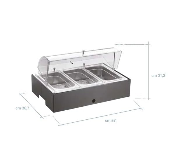 Pintinox Buffet - Bandeja refrigerada para buffet con 3 cuencos GN 1/3, cúpula transparente, 57 x 36,7 x 31,3 cm, Caleido