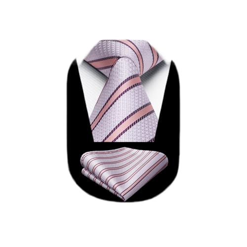 Image of HISDERN Mens Striped Ties Classic Silk Woven Tie and Pocket Square Set Formal Business Necktie Handkerchief for Wedding