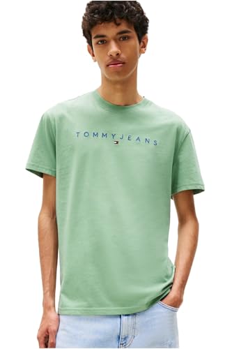 Tommy Jeans Mens TJM Reg Linear Logo Tee Ext Dm0dm17993 S/S T-Shirt, Green (Cloudy Jade Multi), S UK