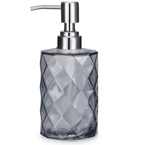 Glass Soap Dispenser with Rust Proof Pump, 12oz Diamond Bathroom Liquid Hand Soap Dispenser, Refillable Kitchen Dish Soap Bottle (Gray)
