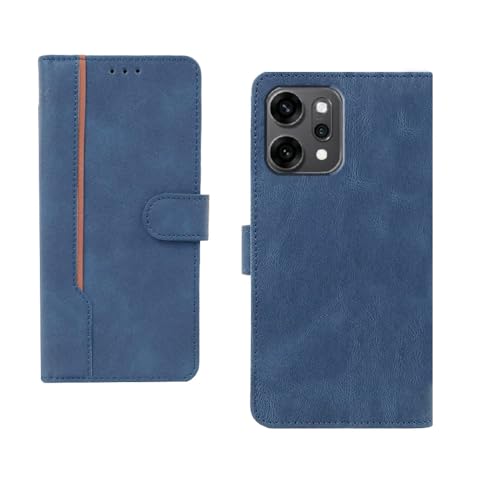 Image of amazon basics Oppo Reno 14 5G Flip Cover | Card Pockets Wallet & Stand | Flip Cover for Oppo Reno 14 5G (Blue with Beige Strip)