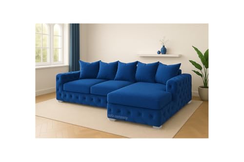 Sofaya Plush Chesterfield Corner Sofa with Left or Right Hand Option - L Shaped Sofa with Deep Tufted Buttons – Chaise Sofa Couch with Scatter Cushions for Living Room (Blue, Right Hand Chaise)