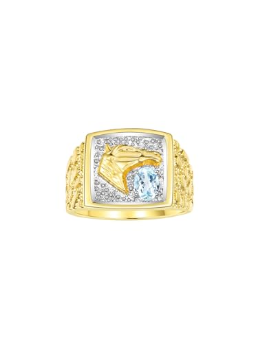 Image of Rylos Men's Yellow Gold-Plated Sterling Silver Lucky Nugget Horse Head Ring with 6X4MM Gemstone and Diamonds - Birthstone Elegance for Men, Sizes 8-13 Available