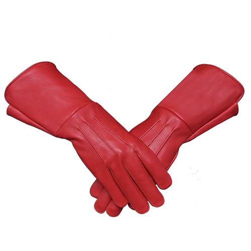 FASHIONLUXE Mens Long Leather Gloves Medieval Renaissance Cosplay Swordsman Steampunk Unlined Leather Gauntlets (RED, SMALL)
