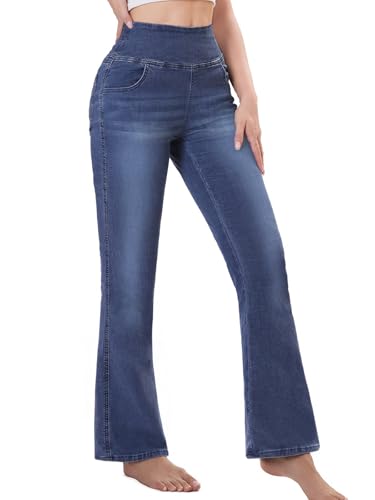 Chasehot Vaqueros Elásticos Mujer, Jeans Campana Push Up Cintura Alta con Bolsillos Flare Pantalones de Mezclilla Legging Jeggins Holgados, Lavado Oscuro XXL 31 Inseam