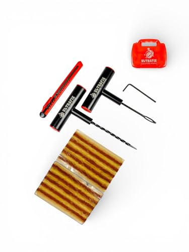 Image of Premium Tubeless Tyre Puncture Repair Kit - Heavy Duty Metal Tools with 10 Repair Strips, Safety Cutter & Allen Key for Car