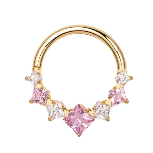 BodyBonita 16G Septum Rings Pink CZ G23 Titanium Nose Ring Hoops Septum Jewelry Clicker Conch Helix Tragus Rook Daith Piercings for Women Men Gold Plated 8 mm