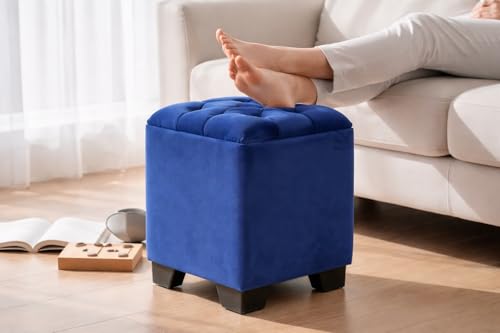 Image of ShadowKart Velvet Cube Ottoman | Seating Stool for Living Room | Soft Cushioned Footrest Stool with Durable Plastic Legs | Multipurpose Seating & Pouffe Home Decor, 12x12x14 inch (Royal Blue)