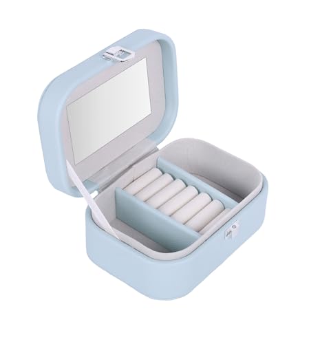 Image of BucketList PU Leather Jewellery Organizer Box with Mirror | Travel-Friendly Jewelry Storage Case with Ring Slots & Secure Lock (Travel Jewellery Box with Mirror (Blue))