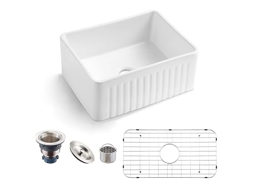 MEJE Fregadero de cocina de granja de 24.0 x 18.0 pulgadas, fregadero de cerámica pequeño de un solo cuenco, fregadero de lavandería, fregadero de bar, blanco