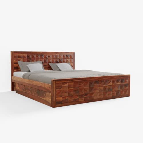 Image of Wooden King Size Bed for Bedroom | Solid Wood Double Bed Cot Bed with 2 Drawer Side Storage | Sheesham Wood, Honey Finish