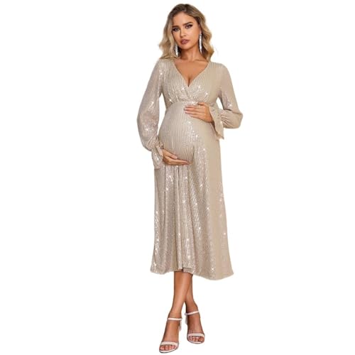 Vestidos De Maternidad Vestido de maternidad for embarazadas, manga larga, lentejuelas, cuello en V, corte A, elegante, for embarazadas.(Champagne,XL)