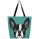 AUUXVA Canvas Tote Bags Reusable Boston Terrier Dog Large Canvas Handbag Purse Shoulder Shopping Bag for Women Grocery Bag with Zipper Pouch