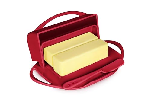 Butterie Flip Top Butter Dish with Attached Lid & Matching Knife - Holds 2 Sticks, Fits Kerrygold/European Butter - BPA Free & Dishwasher Safe - Red