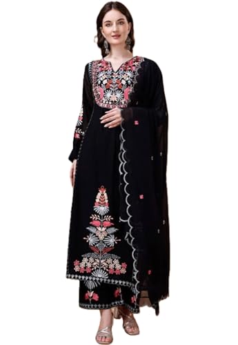 Image of Pandadi Saree Women's Georgette Embroidery Kurta Palazzo and Dupatta Set