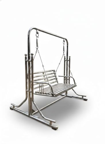 Image of Stainless Steel Silver 3-Seater Fixed Handle Jhula with Stand - 350Kg Capacity | Indoor & Outdoor Garden Porch Fixed Handle | Sturdy, Portable and Durable Jhula for Home Balcony.