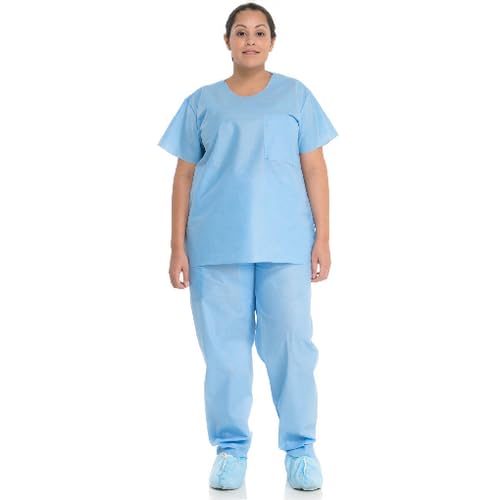 HALYARD* Scrub Shirt, Disposable, Round Neck, Blue, Size X-Large, 69703 (Case of 48)
