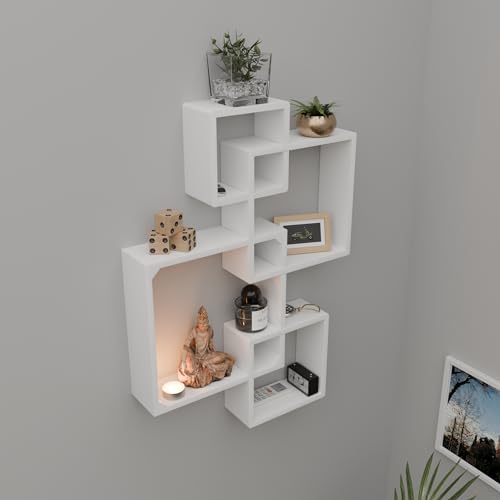 Image of Etiquette Art Engineered Wood Floating Cube Shelves - Intersecting Wall Mounted Box Shelves for Bedrooms, Living Rooms & More - Set of 4 (White)