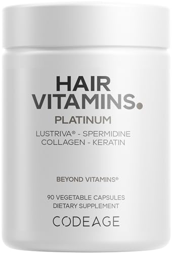 Codeage Hair Vitamins Platinum - Lustriva Hair Growth Support, Spermidine, AstraGin, Biotin, Keratin, Collagen, Enzymes, Omega-3, Multivitamins, Probiotics – Healthy Hair Supplement - 90 Capsules