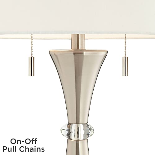 360 Lighting Rachel Modern Art Deco Table Lamps 28" Tall Set Of 2 Concave Column Hourglass Silver Metal White Drum Shade For Living Room Bedroom House Bedside Nightstand Home Office Reading #TOP2