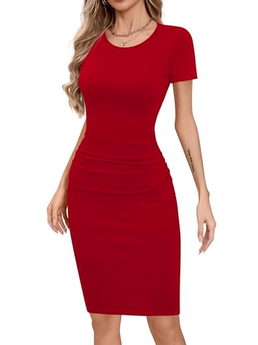Image of Missufe Women's Short Sleeve Ruched Bodycon Casual Knee Length Dress (Red Short Sleeve, XX-Large)
