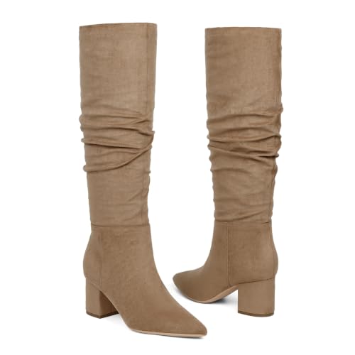 Image of Easyfox Womens Knee High Boots Chunky Low Heel Pointed Toe Tall Long Boots