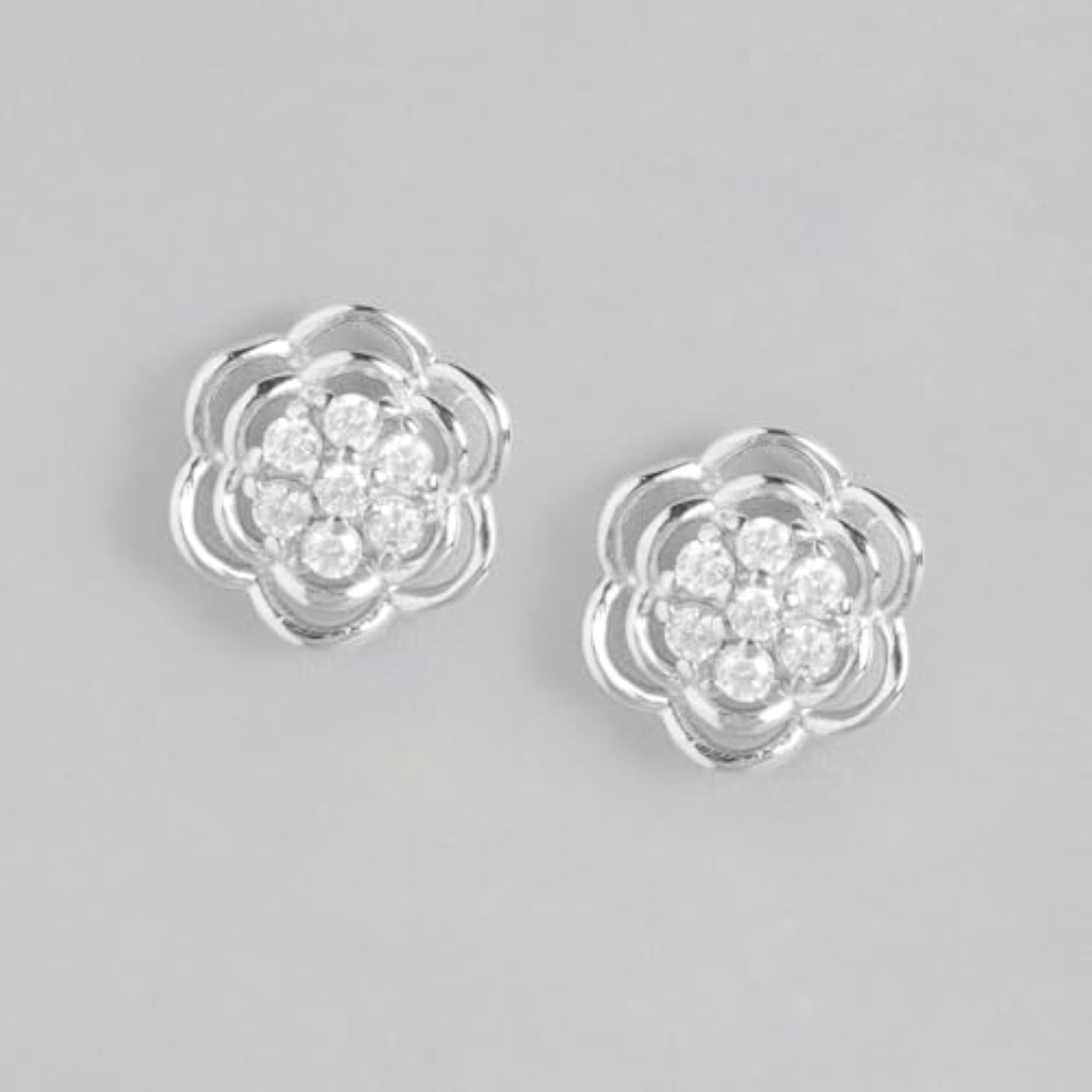 925 Silver CZ Floral Stud Earrings with Rhodium Plating