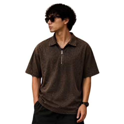 Image of Men's Brown French Terry Cotton Oversized Polo T-Shirt | Half Sleeve Zip Neck Collar T-Shirt | Premium Soft & Breathable Casual Wear