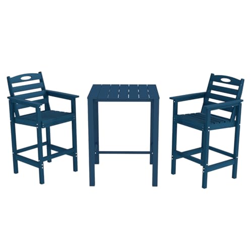 Image of Domi HDPE Adirondack Patio Table and Chairs Set of 3, Adirondack bar Height Outdoor Table and Chairs, All-Weather HDPE Outdoor Bar Set for Poolside, Patio, Backyard, Navy Blue