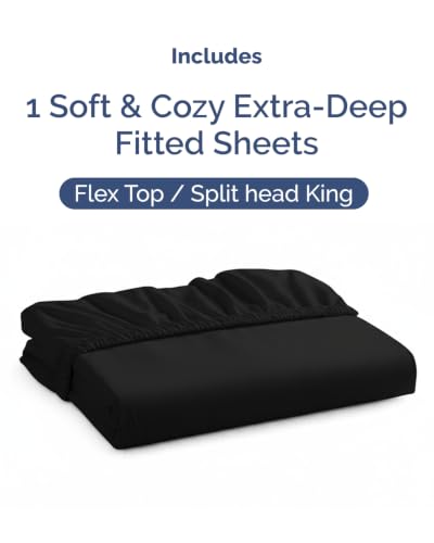 Image of Extra Deep Flex Top Split Head King Fitted Sheet - Hotel Luxury Single Fitted Sheet Only - Easily Fits 18 inch to 24 inch Mattress - Ultra Soft, Wrinkle Free w /Extra Deep Pockets - Black