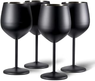 Oak & Steel - 4 Elegant Black Stainless Steel Wine Glasses, 540ml - Unbreakable Glass Gift Set for Valentines Wedding Anniversary Birthday Party