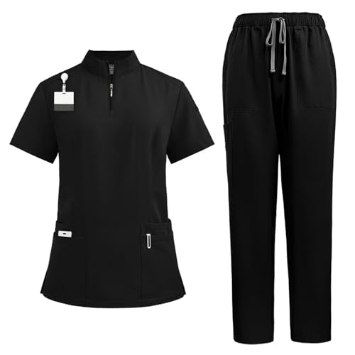 GAANBODI Scrubs for Women Set, 1/4 Zipper Stand Up Collar Top & Drawstring Straight Pants Scrubs Set Medical Nursing Uniforms for Hospital, Clinic, Veterinary Workwear Black Large