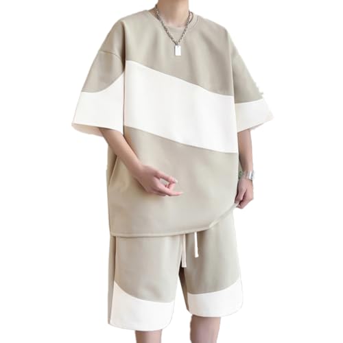 [YJSO] メンズ 2点セット 半袖Tシャツ ハーフパンツ ショートパンツ カーキ 上下セット ジャージ Tシャツショートパンツセット スポーツ 短パン 半パン スポーツウェア ルームウェア 部屋着 Tシャツ ゆったり おしゃれ 男性 半袖 夏 M 夏物 夏服の商品画像（Amazon）