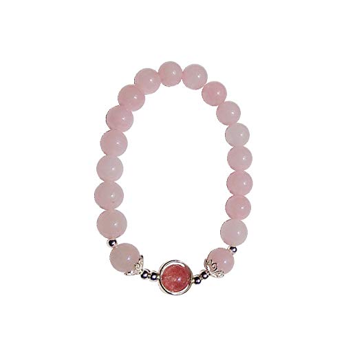 Pulsera de plata de ley con forma de corazón y oblea natural de fresa y cuentas de cristal rosa para mujer S925