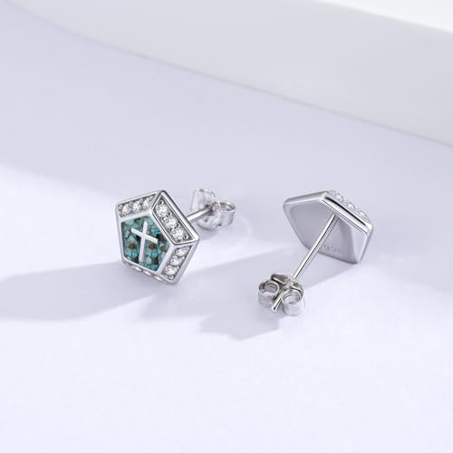 Cross/Viking Stud Earrings for Men Women 925 Sterling Silver Turquoise Earrings Religious Jewelry Valentines Birthday Gifts Halloween Christmas3
