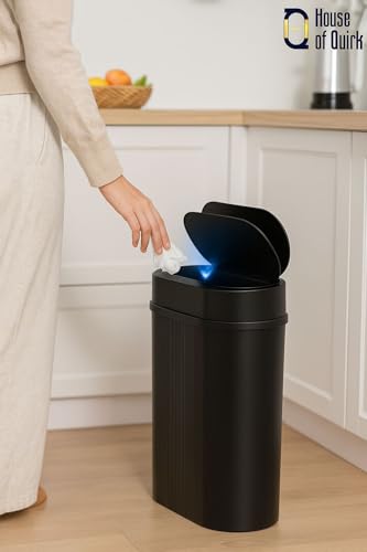 Image of House of Quirk Plastic Smart Automatic Motion Sensor Rectangular Trash Can Oval 12 Litre For Bathroom, Bedroom, Kitchen, Office - Black