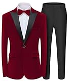 MAGE MALE Men's 2 Piece Suit Peaked Lapel One Button Tuxedo Slim Fit Velvet Blazer Party Dinner Jacket & Pants Red