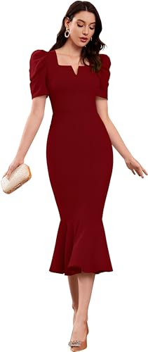 Image of ELLITI Women's Lycra Blend Sweetheart Neckline /V-Neck, Bodycon Dress with Mor Pich Color Short Puff Sleeve and Mermaid Hem, Calf Length /Midi Length /Knee Length Dress