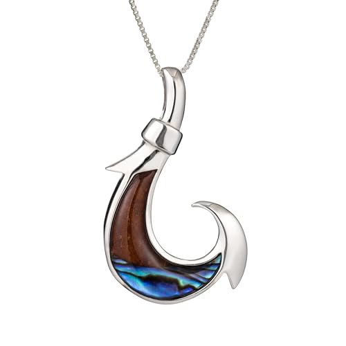 Aloha Jewelry Company 925 Sterling Silver Koa Wood and Abalone Shell Hawaiian Mauka to Makai Fish Hook Necklace Pendant with 18