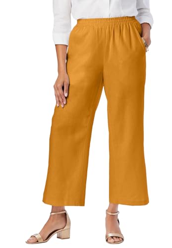 Jessica London Women's Plus Size Wide Leg Linen Crop Pants Elastic Waist