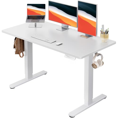 Image of HUANUO Electric Standing Desk, Whole Piece Desktop, Adjustable Height Computer Desk, 4 Height Memory Settings, Sit Stand Up Desk for Home Office, 48 inch x 24 inch, White