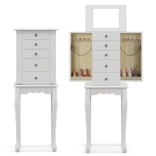 Goflame 11044WHJV-GL Standing Jewelry Cabinet Armoire With Top Flip Mirror, Jewelry Box Chest With 4 Drawers, Top Compartments, 8 Necklace Hooks And 2 Side Doors, Jewelry Storage Organizer For Bedroom, White cover