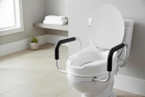 PEPE Mobility Toilettensitzerhöhung mit Armlehnen 10 cm Weiß, WC Sitzerhöhung mit Deckel für Senioren und Erwachsene, Toilettenaufsatz ohne Bohren, erhöhter Toilettensitz für klassische WCs