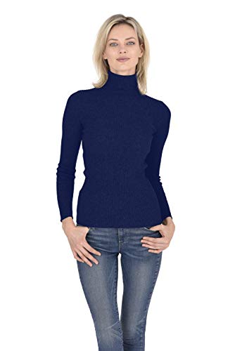 Cashmeren Women's 100% Pure Cashmere Classic Knit Soft Long Sleeve Ribbed Turtleneck Pullover Sweater (Navy, Large)