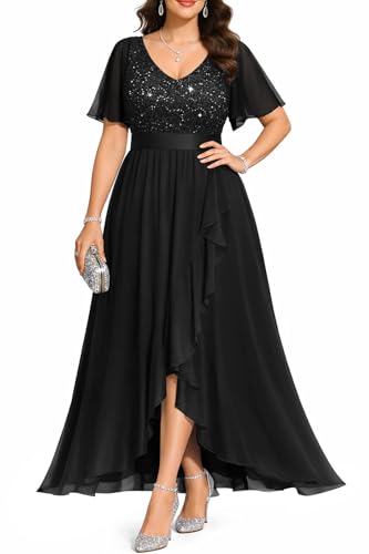 Plus Size Formal Dress Black Long Wedding Guest Elegant Evening Cocktail Party Prom Gala Sequin Lace...
