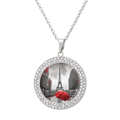VstaDank Eiffel Tower with Red Umbrella Necklaces Fashion Round Coin