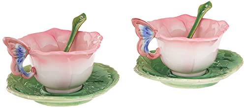 Cosmos Gifts Ceramic Rose Cup and Saucer, Set of 2