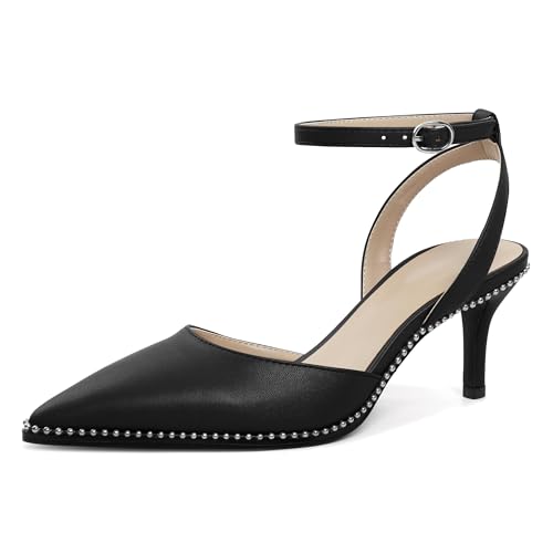 Image of SAMMITOP Kitten Heels for Women Low Heel Closed Toe Ankle Strap Pumps Wedding Party Beaded Dress Shoes 2.4 Inch