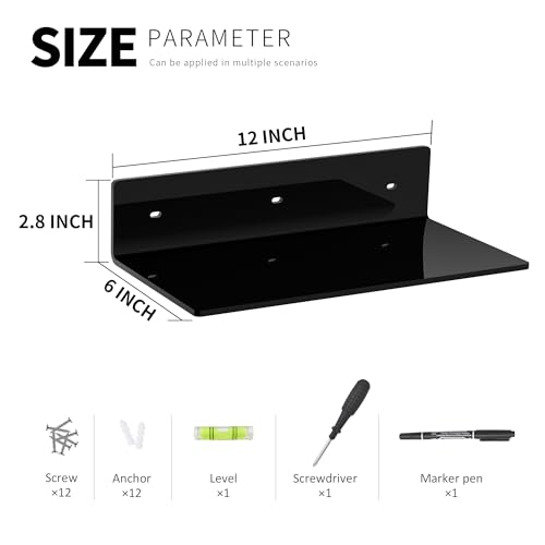 Image of 12 Inches Black Wall Shelves Set of 4, Acrylic Floating Shelf for Wall, Wall Mounted Display Shelf for Bedroom, Living Room, Funko Pop Shelves, Smart Speaker, 4 Pack