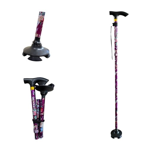 DEMERGY® Bastón Plegable para Mujer, Baston Extensible, 5 Niveles Altura Ajustable Bastón, Ligero Portátil Bastón de Viaje con Pulsera y Mango en T para Discapacidad de Edad Avanzada Base pivotante